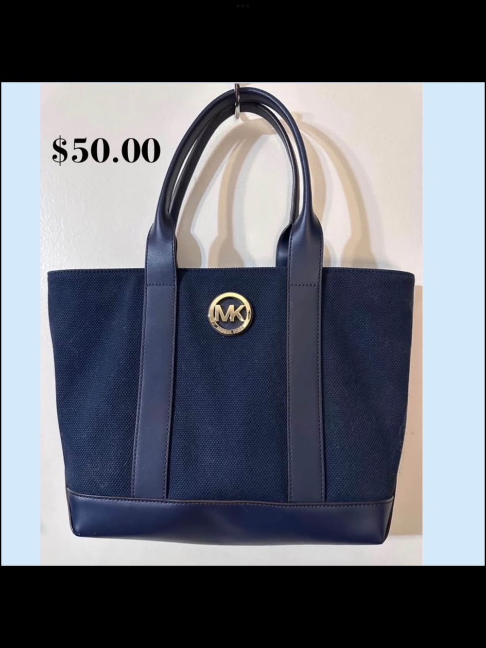 Michael Kors Navy Canvas Tote with Gold MK Emblem